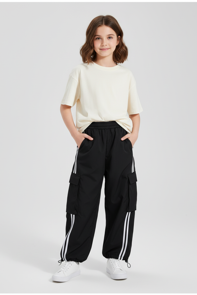 Pantalon Cargo Noir Ample Bandes Blanches Enfant - Polyester
