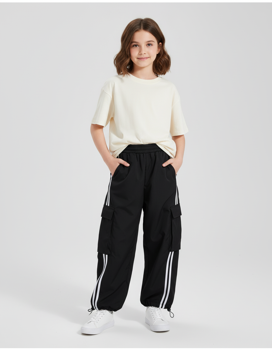 Pantalon Cargo Noir Ample Bandes Blanches Enfant - Polyester