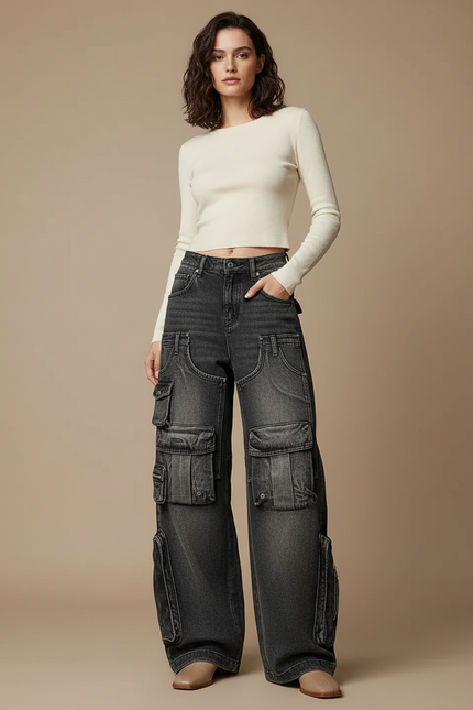 Pantalon Cargo Noir Ample Multipoches Délavé Femme - Gris Jean
