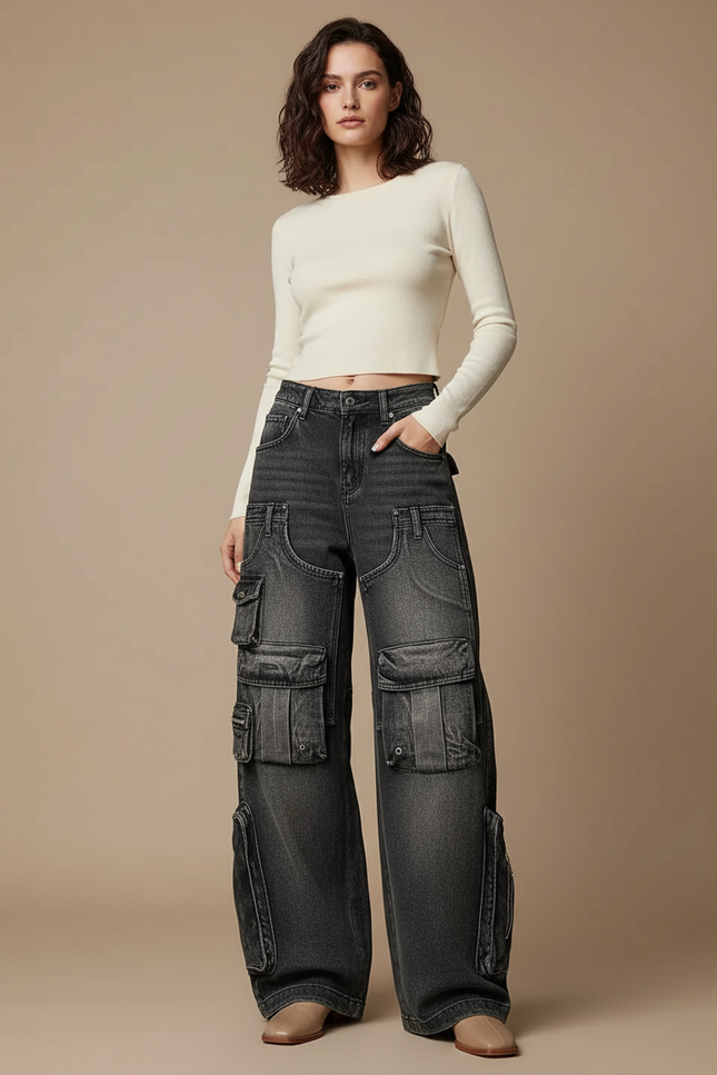 Pantalon Cargo Noir Ample Multipoches Délavé Femme - Gris Jean