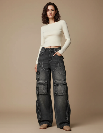 Pantalon Cargo Noir Ample Multipoches Délavé Femme - Gris Jean