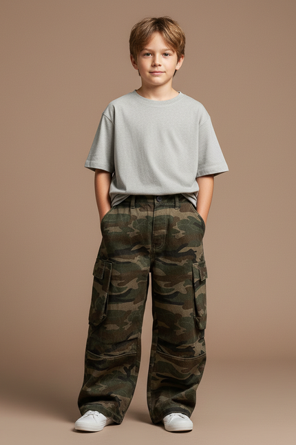 Pantalon Cargo Camouflage Ample Décontracté Enfant - Imprimé Molleton