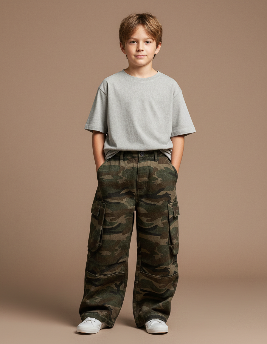 Pantalon Cargo Camouflage Ample Décontracté Enfant - Imprimé Molleton