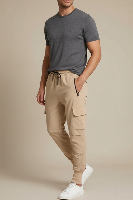 Pantalon Cargo Beige Slim Extensible Décontracté Homme - Polyester