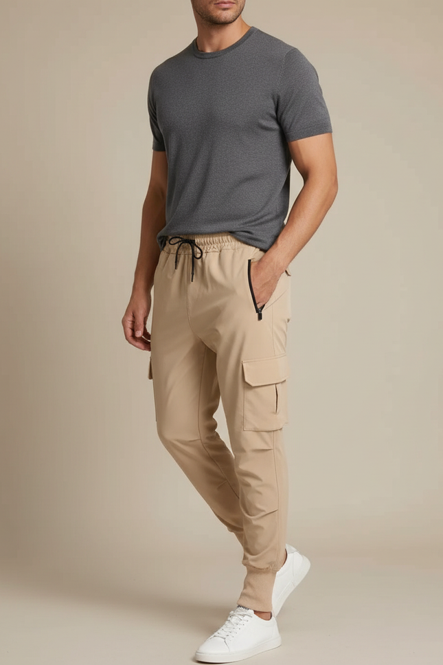 Pantalon Cargo Beige Slim Extensible Décontracté Homme - Polyester
