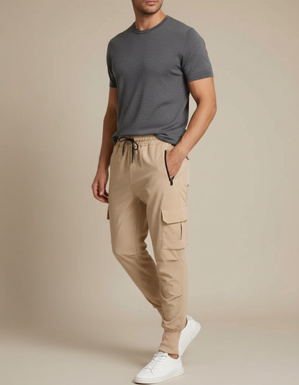 Pantalon Cargo Beige Slim Extensible Décontracté Homme - Polyester