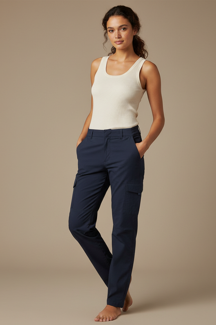Pantalon Cargo Bleu Marine Droit Décontracté Multipoches - Toile