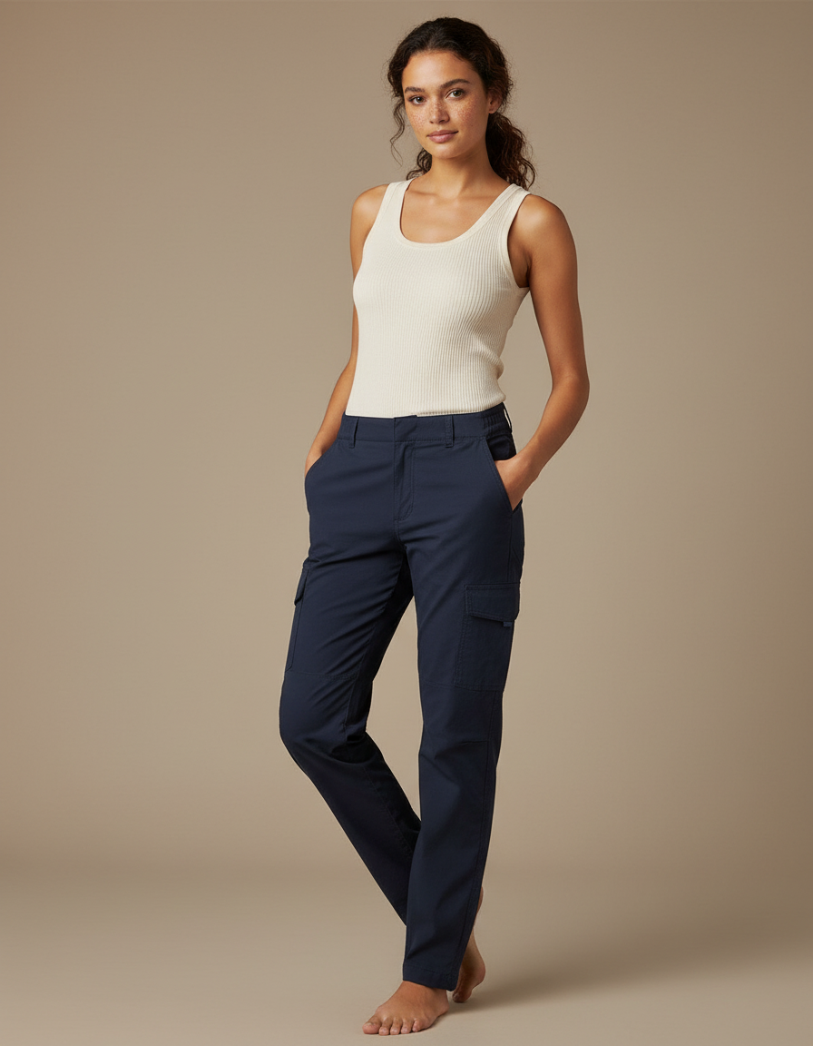 Pantalon Cargo Bleu Marine Droit Décontracté Multipoches - Toile