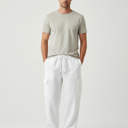 Pantalon Cargo Blanc Lin Ample Décontracté Homme