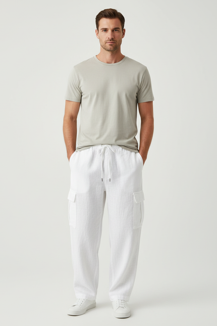 Pantalon Cargo Blanc Lin Ample Décontracté Homme