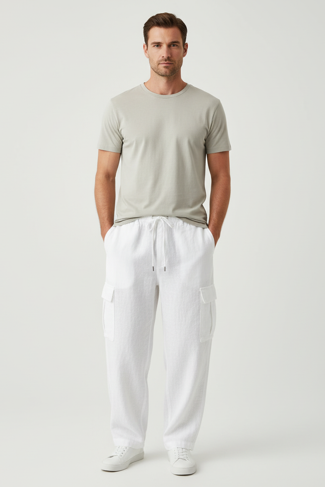 Pantalon Cargo Blanc Lin Ample Décontracté Homme