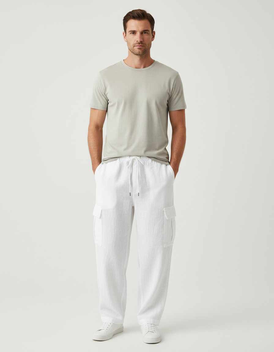 Pantalon Cargo Blanc Lin Ample Décontracté Homme