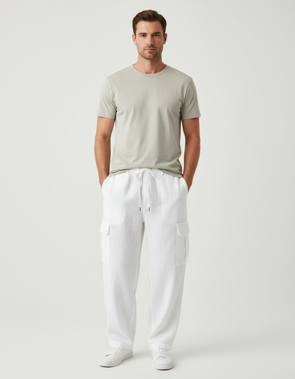 Pantalon Cargo Blanc Lin Ample Décontracté Homme