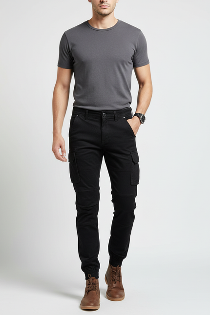 Pantalon Cargo Noir Homme Slim Coton Multipoches