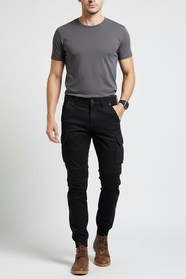 Pantalon Cargo Noir Homme Slim Coton Multipoches