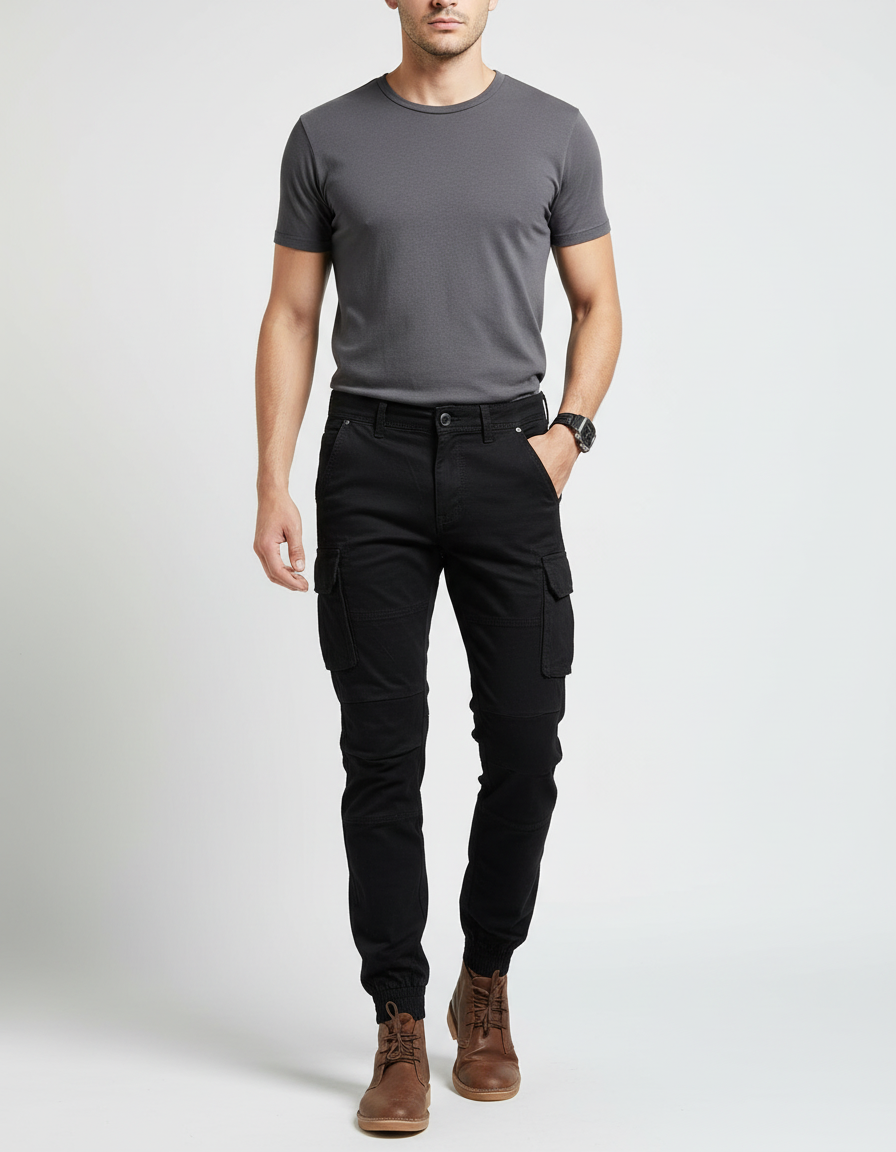 Pantalon Cargo Noir Homme Slim Coton Multipoches