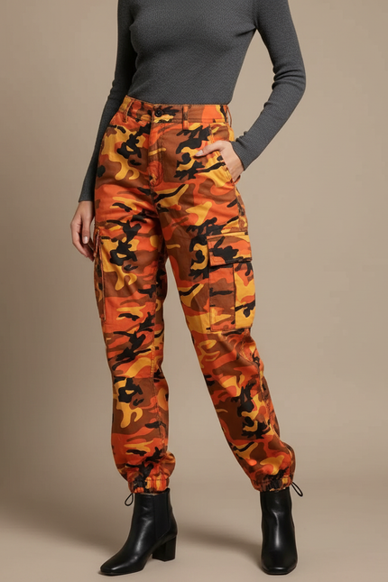 Pantalon Cargo Camouflage Orange Ample Décontracté Femme - Toile