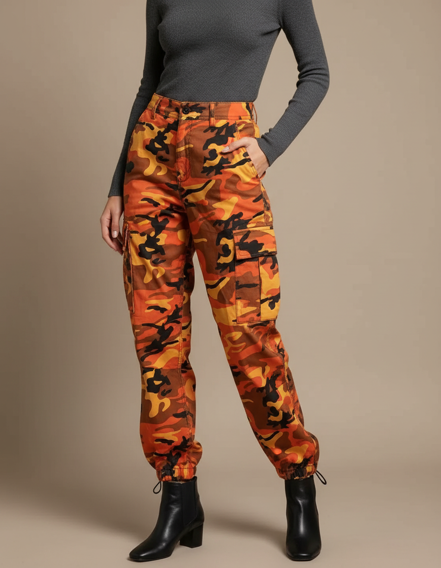 Pantalon Cargo Camouflage Orange Ample Décontracté Femme - Toile