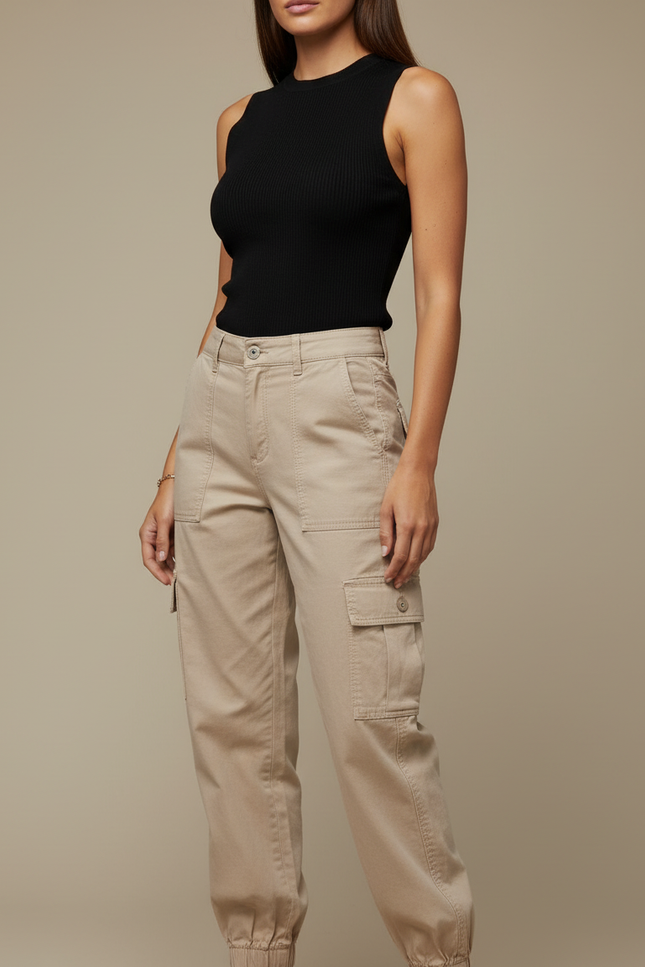 Pantalon Cargo Beige Coton Taille Haute Élastiqué Femme - Gabardine