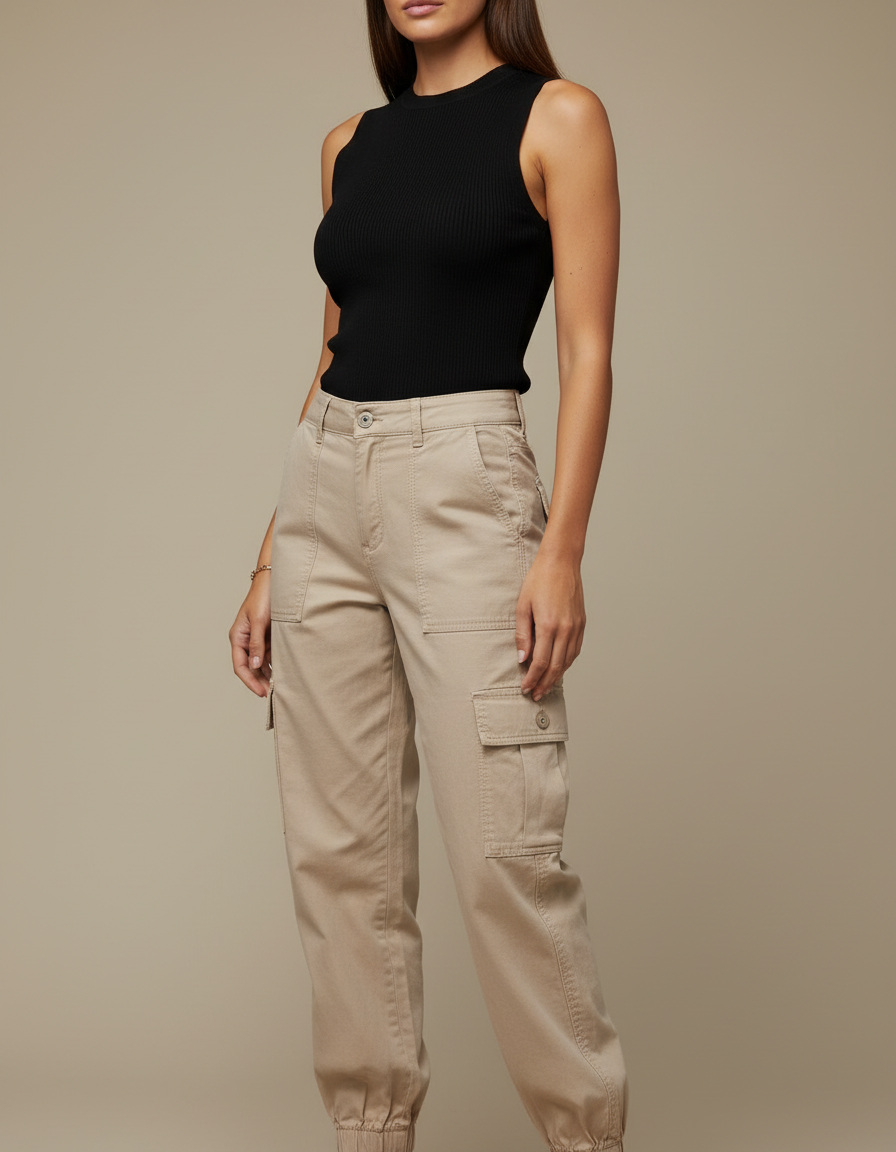 Pantalon Cargo Beige Coton Taille Haute Élastiqué Femme - Gabardine