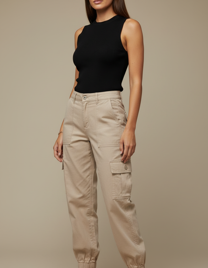 Pantalon Cargo Beige Coton Taille Haute Élastiqué Femme - Gabardine