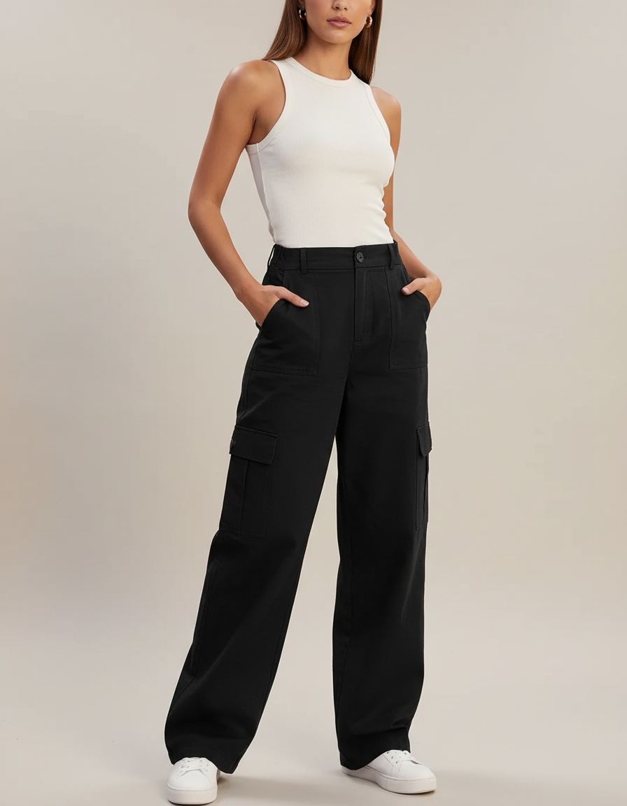 Pantalon Cargo Avec Bouton - Noir Toile