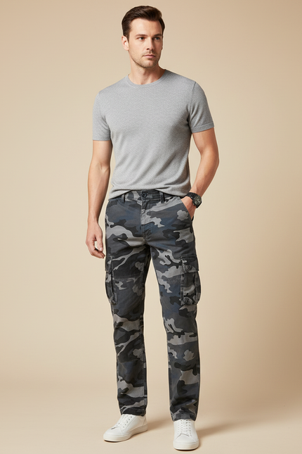 Pantalon Cargo Camouflage Gris Ample Multipoches Homme - Coton