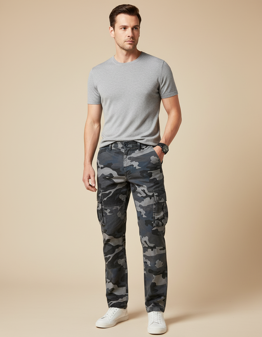 Pantalon Cargo Camouflage Gris Ample Multipoches Homme - Coton
