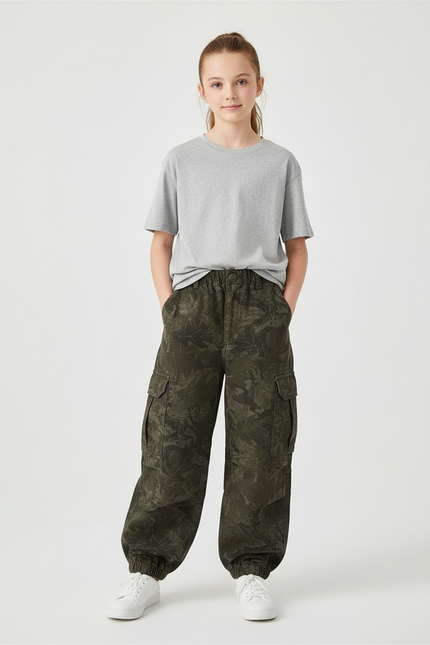 Pantalon Cargo Camouflage Vert, Ample, Enfant - Coton