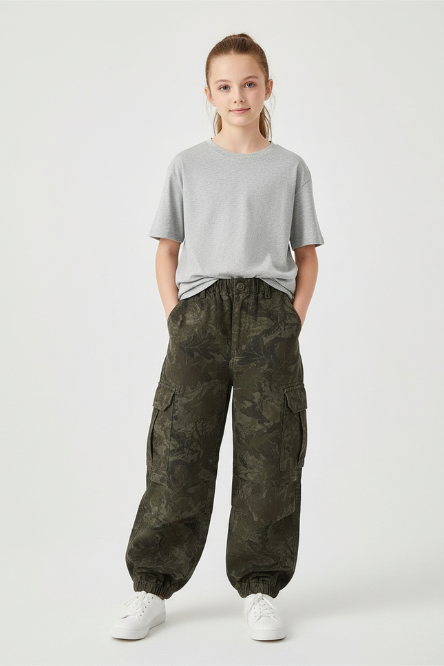 Pantalon Cargo Camouflage Vert, Ample, Enfant - Coton