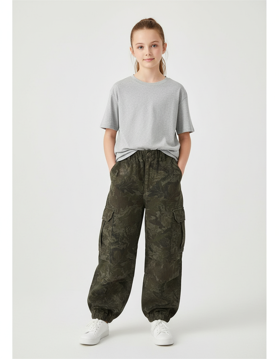 Pantalon Cargo Camouflage Vert, Ample, Enfant - Coton