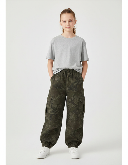 Pantalon Cargo Camouflage Vert, Ample, Enfant - Coton