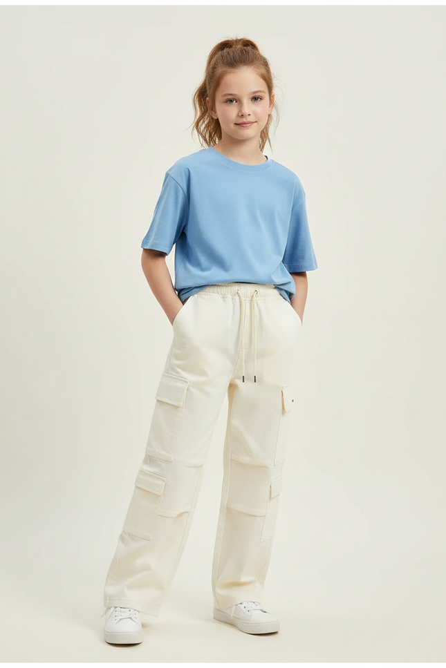 Pantalon Cargo Crème Ample Multipoches Enfant - Beige Toile