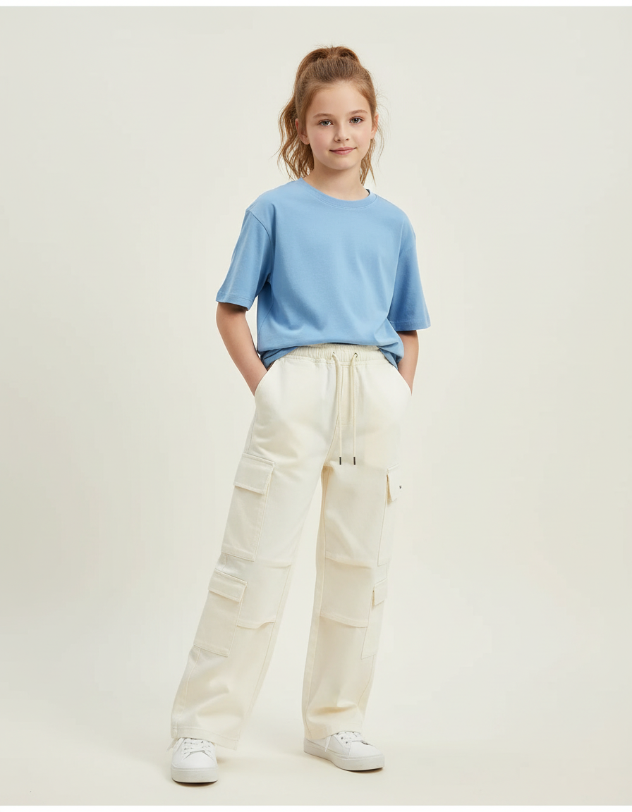 Pantalon Cargo Crème Ample Multipoches Enfant - Beige Toile