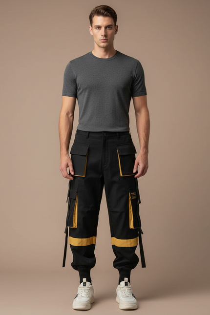 Pantalon Cargo Noir Jaune Streetwear Homme Multi-Poches - Toile