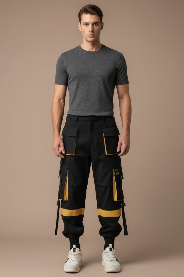 Pantalon Cargo Noir Jaune Streetwear Homme Multi-Poches - Toile