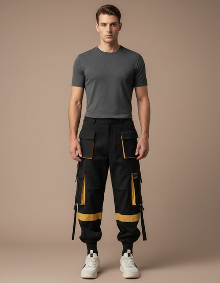 Pantalon Cargo Noir Jaune Streetwear Homme Multi-Poches - Toile