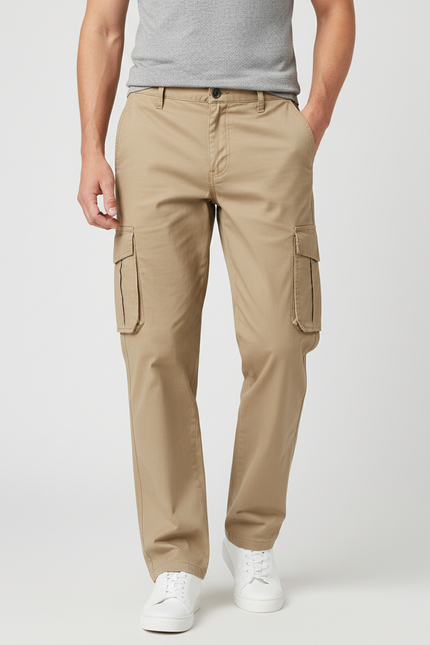 Pantalon Cargo Kaki Coton Droit Multipoches Homme