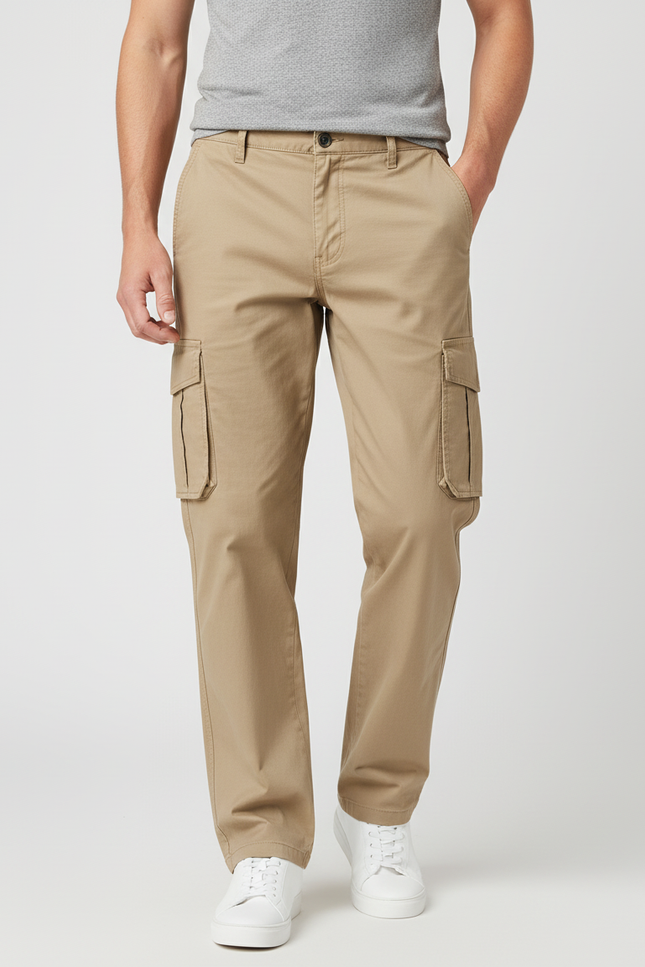 Pantalon Cargo Kaki Coton Droit Multipoches Homme