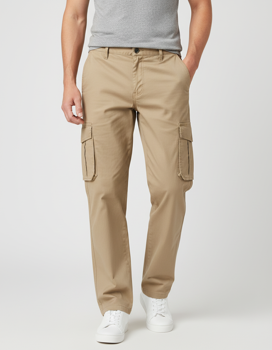 Pantalon Cargo Kaki Coton Droit Multipoches Homme