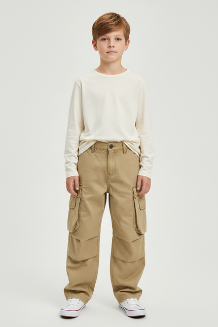 Pantalon Cargo Kaki Ample Coton Garçon - Toile
