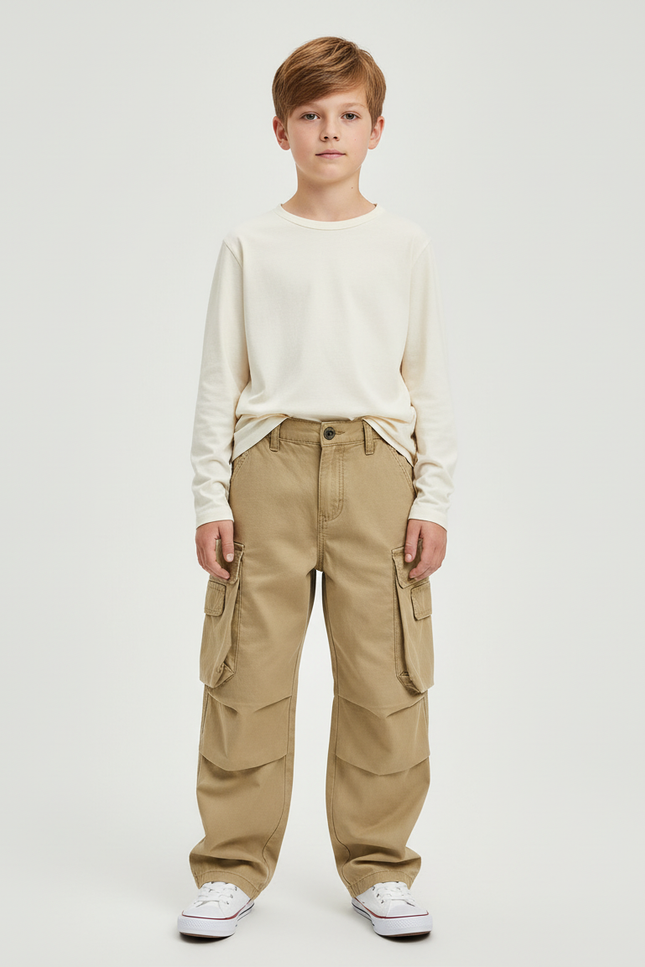 Pantalon Cargo Kaki Ample Coton Garçon - Toile