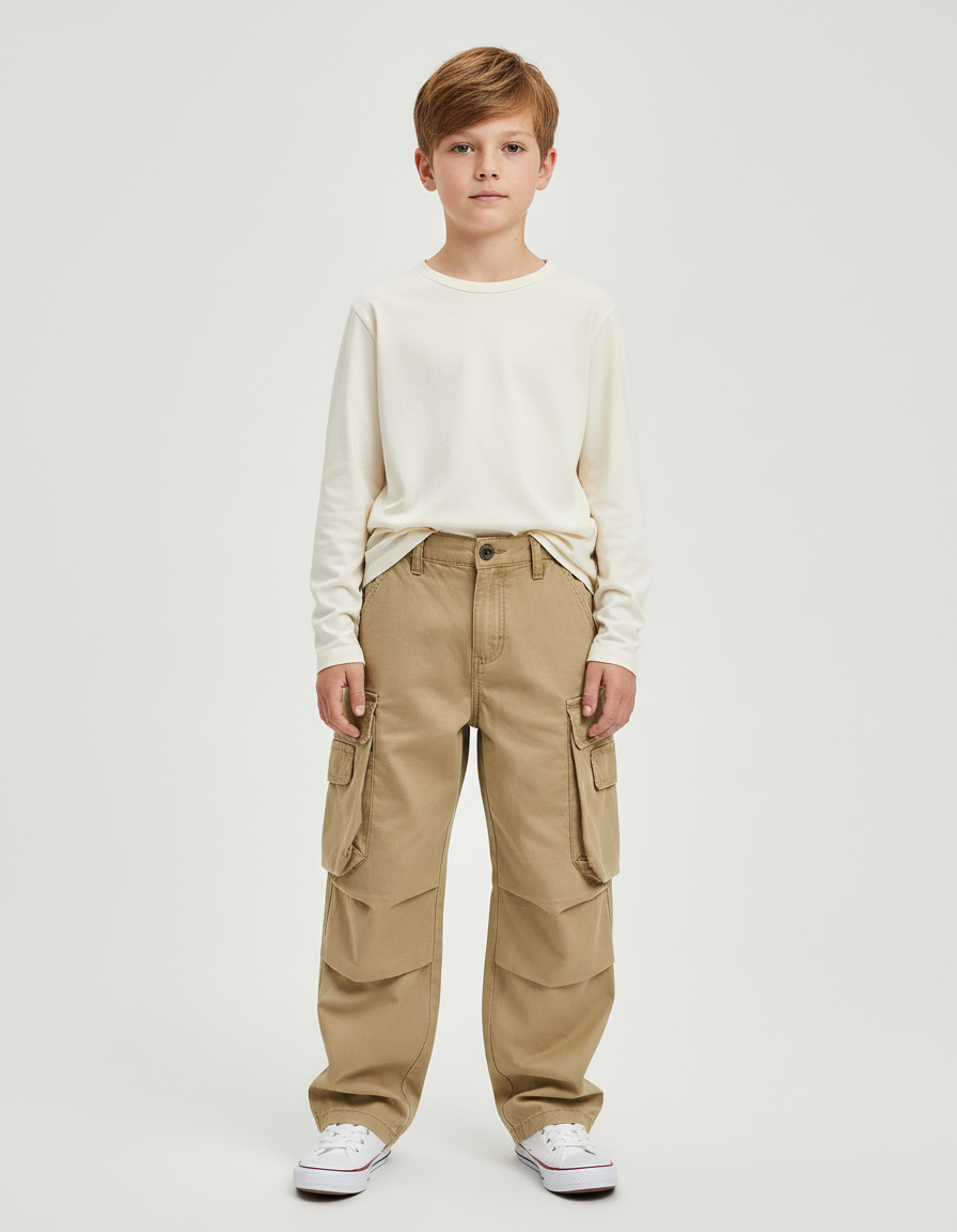 Pantalon Cargo Kaki Ample Coton Garçon - Toile