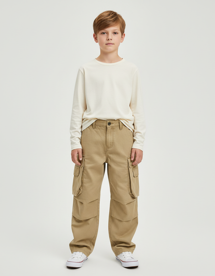 Pantalon Cargo Kaki Ample Coton Garçon - Toile