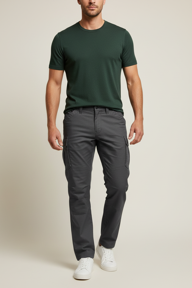 Pantalon Cargo Gris Homme Coupe Droite Décontracté - Toile
