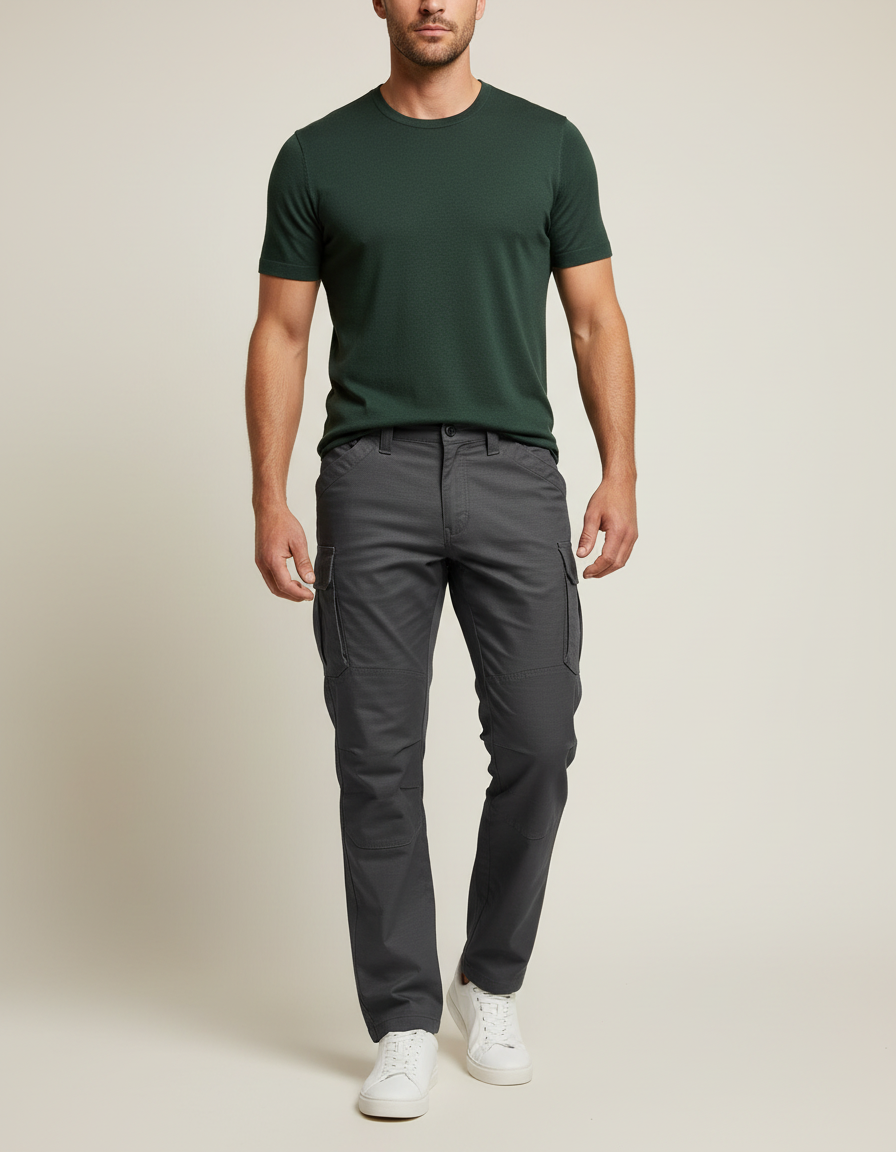 Pantalon Cargo Gris Homme Coupe Droite Décontracté - Toile