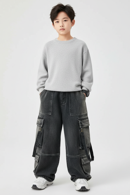 Pantalon Cargo Denim Ample Gris Multipoches Enfant - Jean