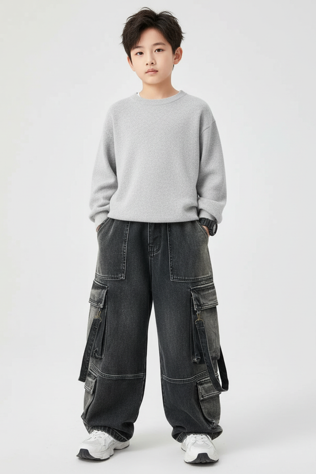 Pantalon Cargo Denim Ample Gris Multipoches Enfant - Jean