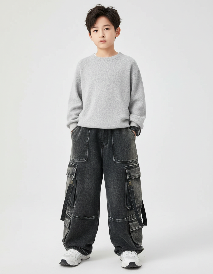 Pantalon Cargo Denim Ample Gris Multipoches Enfant - Jean