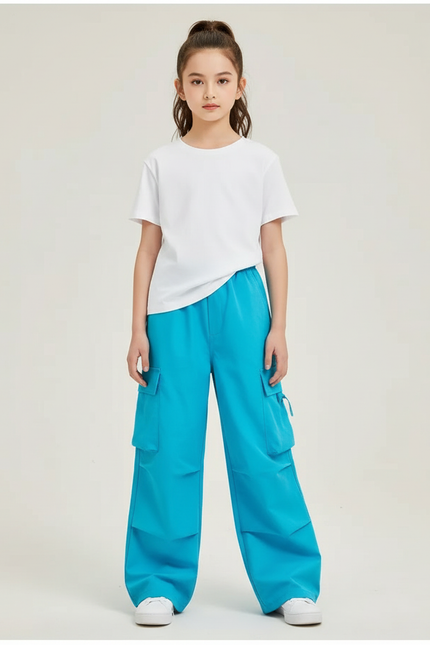 Pantalon Cargo Bleu Ample Poches Enfant - Polyester